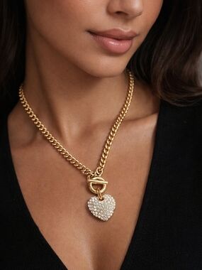 Gold Heart Pendant Chain Necklace - Crystal Pavé Charm